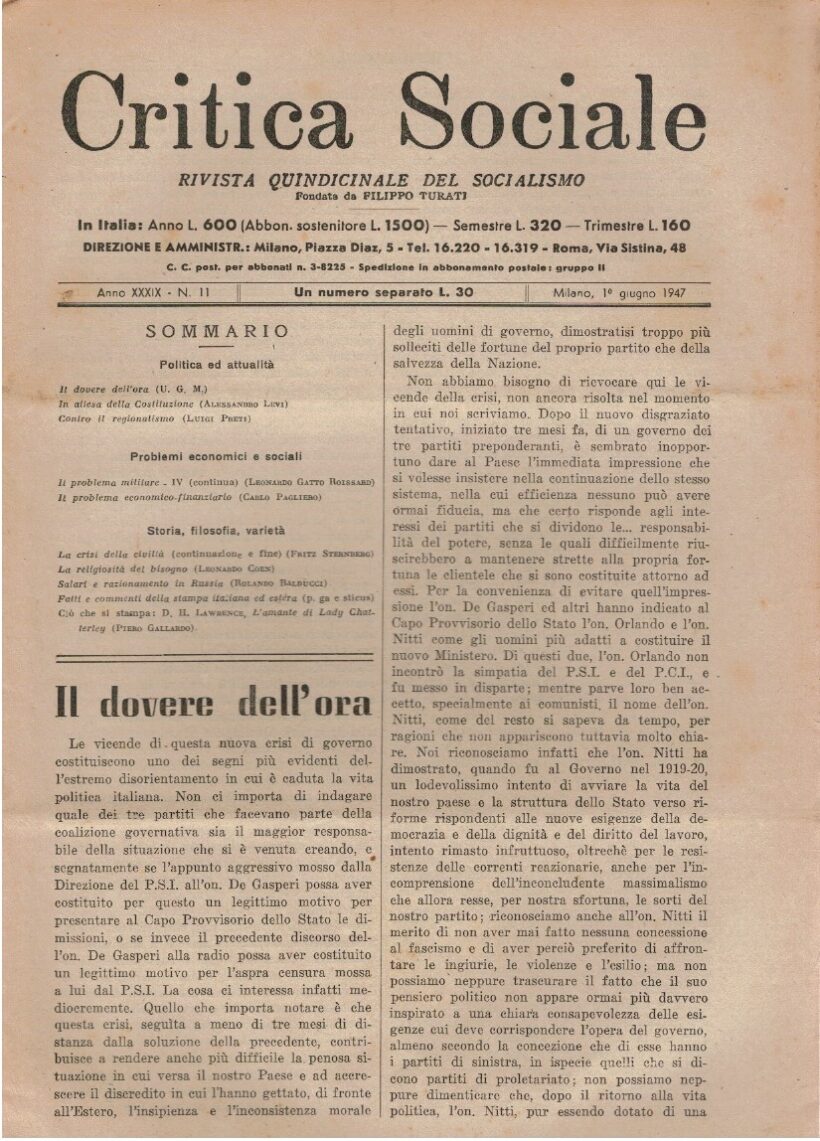 Critica sociale rivista quindicinale del socialismo. Fondata da