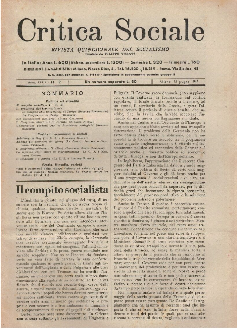 Critica sociale rivista quindicinale del socialismo. Fondata da