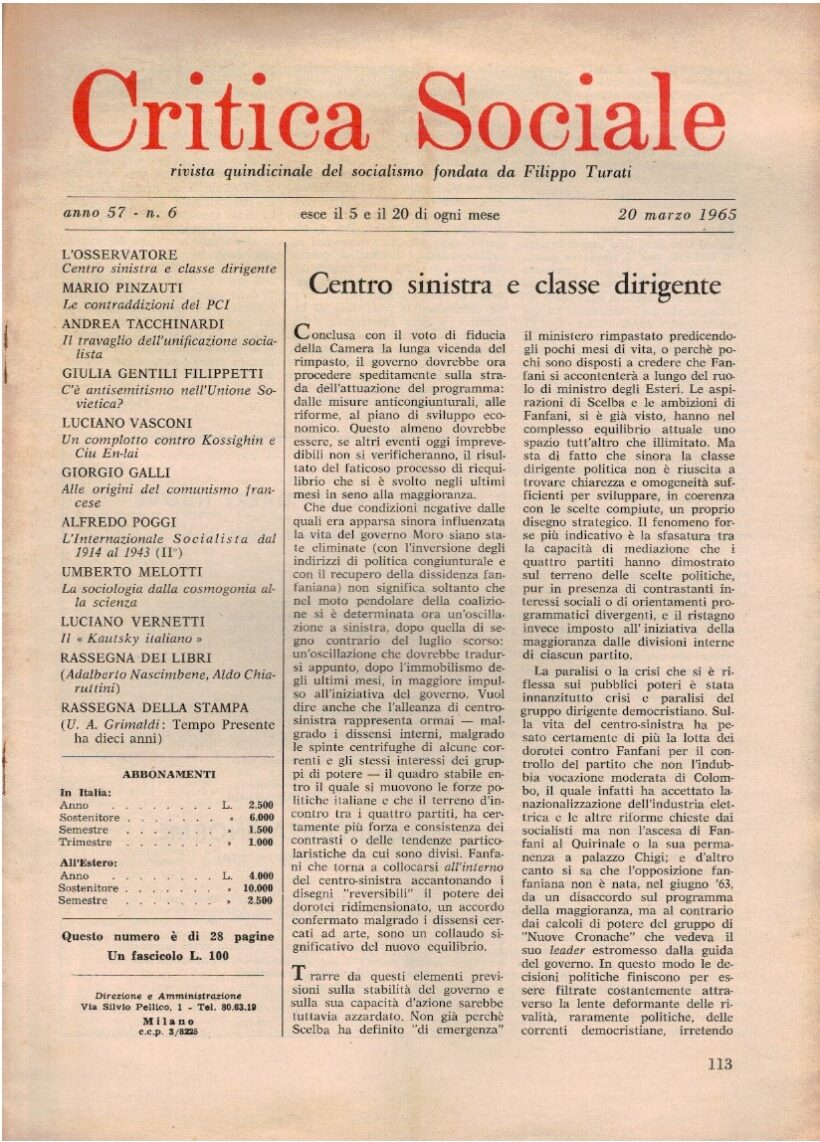 Critica sociale rivista quindicinale del socialismo. Fondata da